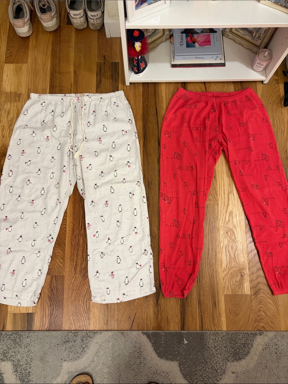 2 Pairs - Women’s Penguin Print Pajama Pants - White and Red